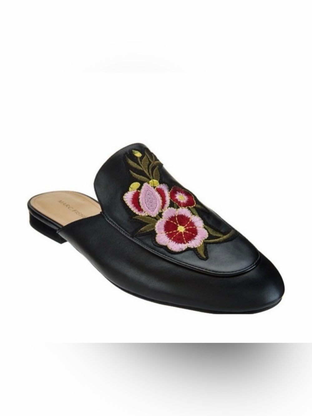 Marc Fisher Black Leather Floral Embroidered Slip-On Mule